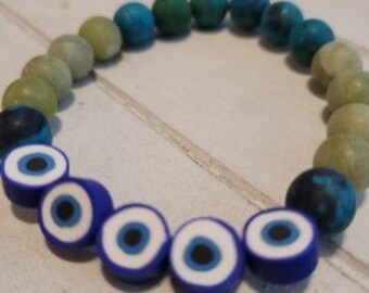 21 - 10MM Bead Matte Jade & Chrysocolla Evil Eye