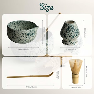 May include: A matcha tea set featuring a speckled green and white ceramic bowl measuring 5.43 inches wide by 2.83 inches high, a matching whisk holder, a bamboo whisk measuring 4.01 inches high, and a bamboo scoop measuring 7.16 inches long.