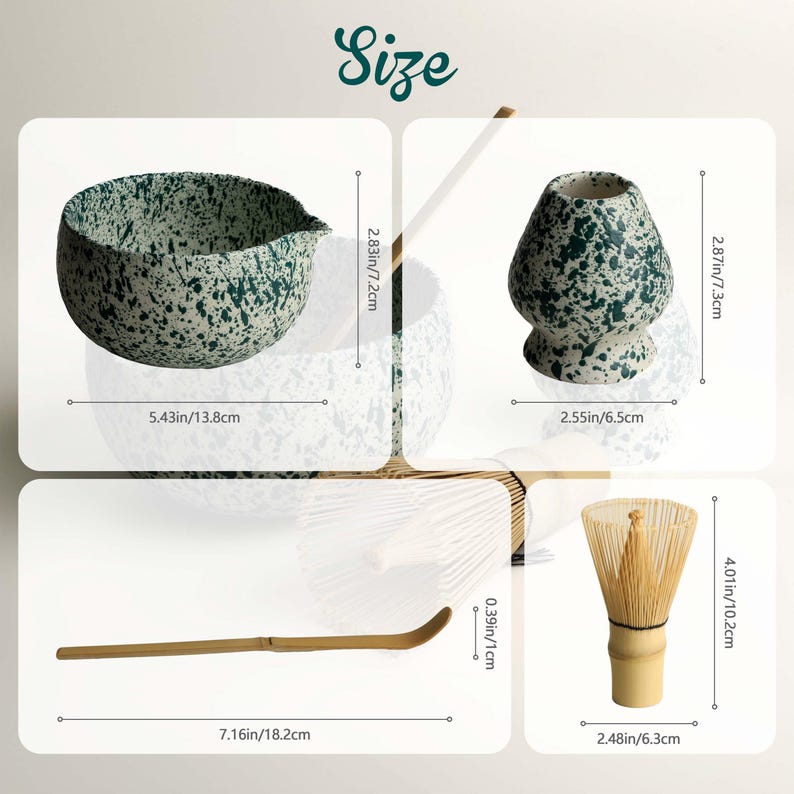 May include: A matcha tea set featuring a speckled green and white ceramic bowl measuring 5.43 inches wide by 2.83 inches high, a matching whisk holder, a bamboo whisk measuring 4.01 inches high, and a bamboo scoop measuring 7.16 inches long.