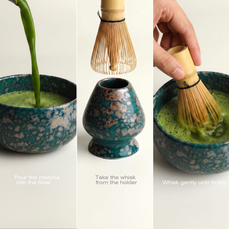 May include: A teal and brown speckled ceramic bowl, a bamboo whisk, and a matching ceramic whisk holder. The image shows the process of pouring green matcha into the bowl, removing the whisk from the holder, and whisking until frothy.