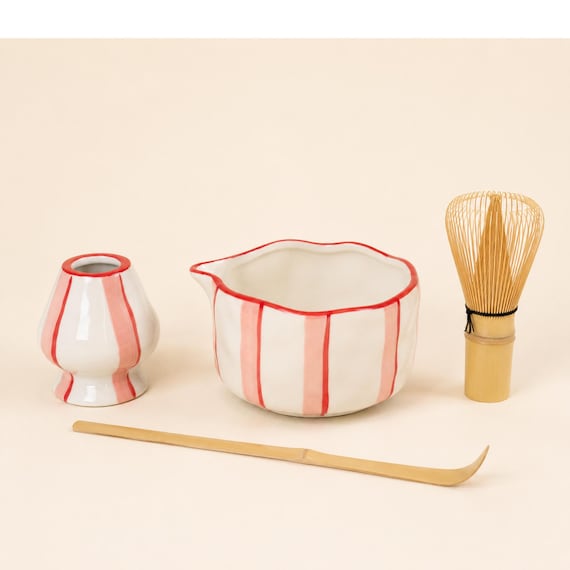Handmade Ceramic Matcha Set, Pink Cottagecore Matcha Bowl Kit, Bamboo Whisk & Scoop, Bridesmaid Gift, Home Cafe Tea Set