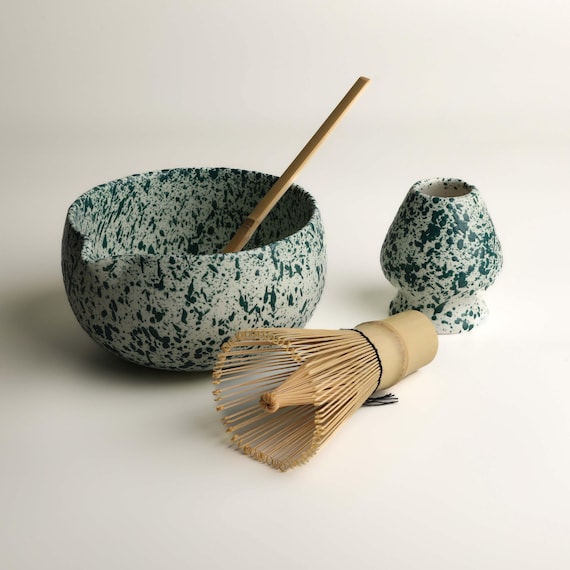 Handmade Speckled Matcha Bowl Set, Artisan Ceramic Matcha Gift Set with Bamboo Whisk, Scoop and Whisk Holder