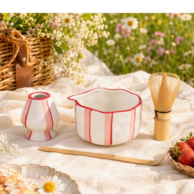 Op de afbeelding: Een keramische matchakom en een bijpassende gardehouder, beide met witte oppervlakken met verticale roze strepen en rood geschilderde randen. Een bamboe matchagarde en een lange bamboe lepel zijn naast de keramische stukken geplaatst.