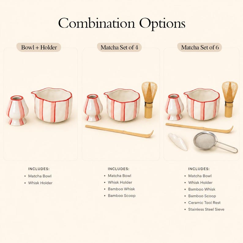 Op de afbeelding: Een productoverzicht met drie matcha-setcombinaties, gelabeld als Combination Options, Bowl + Holder, Matcha Set of 4 en Matcha Set of 6. De sets bevatten witte keramische kommen en garde-houders met verticale roze strepen en rode randen.