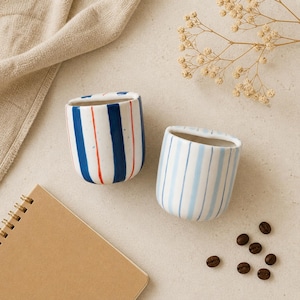 Hand Painted Striped Ceramic Straw Mug, 300ml Blue Coffee Cup, Pottery Iced Latte Tumbler, Housewarming Gift