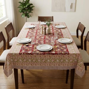 Red Floral Hand Block Print Tablecloth 60x90 Inch Organic Cotton Boho Dining Cover