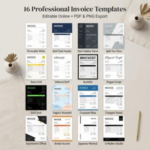 May include: A collection of 16 professional invoice templates featuring various layouts and styles, including Minimalist White, Bold Dark Header, Dark Sidebar Panel, Split Two-Tone, Swiss Grid, Editorial Serif, Brutalist, Elegant Script, Dark Tech, Organic Rounded, Corporate Blue, Compact Dense, Asymmetric Offset, Amber Accent, Japanese Minimal, and Modern Studio.