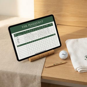 Op de afbeelding: Een tablet met een digitale golfscorekaart getiteld The Pinehurst Collection, rustend op een houten standaard. Daarnaast ligt een witte Titleist golfbal en een houten potlood met tekst, naast een opgevouwen witte handdoek met textuur.