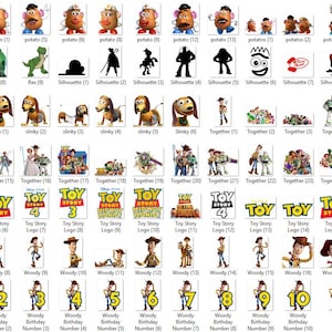K&ouml;nnte beinhalten: Eine Sammlung verschiedener Bilder mit Charakteren und Logos aus der Zeichentrickfilmreihe "Toy Story". Die Bilder umfassen Charakterportr&auml;ts, Silhouetten, Gruppenaufnahmen und Logos, alle in leuchtenden Farben und unterschiedlichen Stilen.
