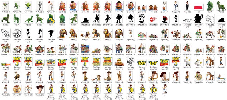 K&ouml;nnte beinhalten: Eine Sammlung verschiedener Bilder mit Charakteren und Logos aus der Zeichentrickfilmreihe "Toy Story". Die Bilder umfassen Charakterportr&auml;ts, Silhouetten, Gruppenaufnahmen und Logos, alle in leuchtenden Farben und unterschiedlichen Stilen.
