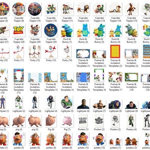 K&ouml;nnte beinhalten: Eine Sammlung verschiedener digitaler Designs zum Thema Toy Story, darunter Cupcake-Topper, Einladungsvorlagen und Poster. Die Designs zeigen Charaktere wie Woody, Buzz Lightyear und andere, mit einer Vielzahl von Farben und Stilen. Jedes Design ist mit einer Nummer versehen.