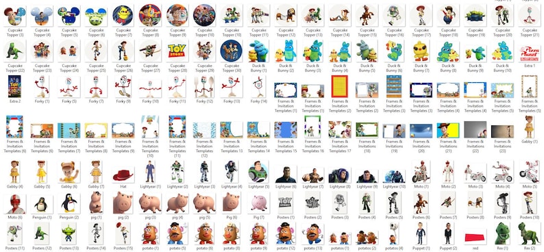K&ouml;nnte beinhalten: Eine Sammlung verschiedener digitaler Designs zum Thema Toy Story, darunter Cupcake-Topper, Einladungsvorlagen und Poster. Die Designs zeigen Charaktere wie Woody, Buzz Lightyear und andere, mit einer Vielzahl von Farben und Stilen. Jedes Design ist mit einer Nummer versehen.