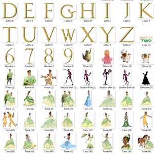 Op de afbeelding: Een verzameling digitale afbeeldingen met letters, cijfers en karakterillustraties. De afbeeldingen bevatten goudkleurige letters A-Z, cijfers 0-9 en verschillende karakterafbeeldingen, waaronder prinsessen en kikkers. De tekst "Invitations Templates" is ook aanwezig.