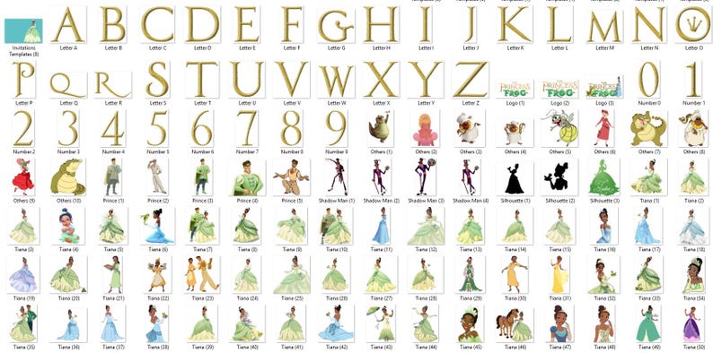 Op de afbeelding: Een verzameling digitale afbeeldingen met letters, cijfers en karakterillustraties. De afbeeldingen bevatten goudkleurige letters A-Z, cijfers 0-9 en verschillende karakterafbeeldingen, waaronder prinsessen en kikkers. De tekst "Invitations Templates" is ook aanwezig.