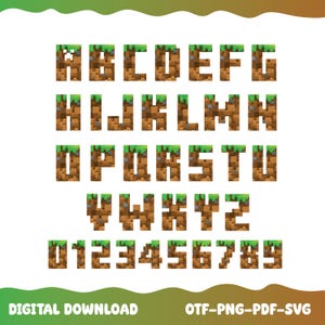 May include: A digital alphabet and number set featuring pixelated characters with a brown dirt texture and a green grass top layer. The collection includes uppercase letters A through Z and digits 0 through 9, presented in a blocky, grid-based style.