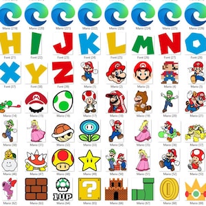 May include: A collection of colorful digital illustrations featuring the alphabet, Mario characters, and related icons. The letters are in various colors, and the Mario characters include Mario, Luigi, Princess Peach, and others. The image has a white background.