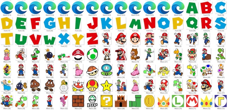 May include: A collection of colorful digital illustrations featuring the alphabet, Mario characters, and related icons. The letters are in various colors, and the Mario characters include Mario, Luigi, Princess Peach, and others. The image has a white background.
