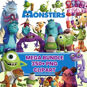 May include: A collection of cartoon monsters in various colors and designs. The image includes characters from the movie "Monsters, Inc." and features the text "Monsters" and "Mega Bundle 350+ PNG Clipart" on a blue background.