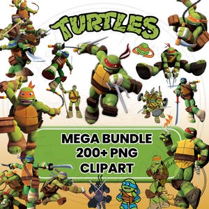 May include: A collection of Teenage Mutant Ninja Turtles clipart images. The images feature the turtles in various action poses, with their signature weapons. The text "TURTLES" and "MEGA BUNDLE 200+ PNG CLIPART" are also included.
