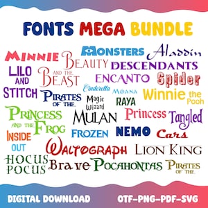 Puede incluir: Una colección de fuentes digitales titulada FONTS MEGA BUNDLE que presenta varios estilos tipográficos inspirados en películas en múltiples colores. El texto incluye títulos como Minnie, Monsters, Aladdin, Lilo and Stitch, Beauty and the Beast.