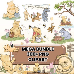 May include: A collection of Winnie the Pooh themed clipart images. The illustrations feature Pooh, Piglet, Tigger, Eeyore, and bees. The images include a banner that says "Happy Birthday" and a sign that says "Mega Bundle 300+ PNG Clipart".