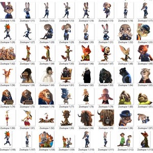 Puede incluir: Una colecci&oacute;n de im&aacute;genes de personajes de dibujos animados de la pel&iacute;cula animada Zootr&oacute;polis. Las im&aacute;genes presentan varios animales antropom&oacute;rficos, incluidos conejos y zorros, en diferentes poses y expresiones. Los personajes visten una variedad de atuendos.