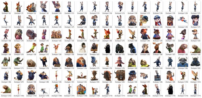 Puede incluir: Una colecci&oacute;n de im&aacute;genes de personajes de dibujos animados de la pel&iacute;cula animada Zootr&oacute;polis. Las im&aacute;genes presentan varios animales antropom&oacute;rficos, incluidos conejos y zorros, en diferentes poses y expresiones. Los personajes visten una variedad de atuendos.