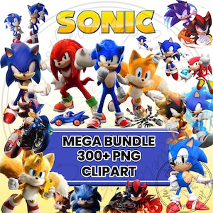 May include: A digital graphic featuring various characters from the Sonic the Hedgehog franchise. The image includes Sonic, Knuckles, Tails, and Shadow, along with the text "SONIC" and "MEGA BUNDLE 300+ PNG CLIPART". The characters are in dynamic poses.