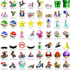 May include: A collection of various Super Mario Bros. character icons. Includes Yoshi, Toad, Princess Peach, Mario, and other characters and items from the video game series. The icons are in a grid layout, with each character or item displayed individually.