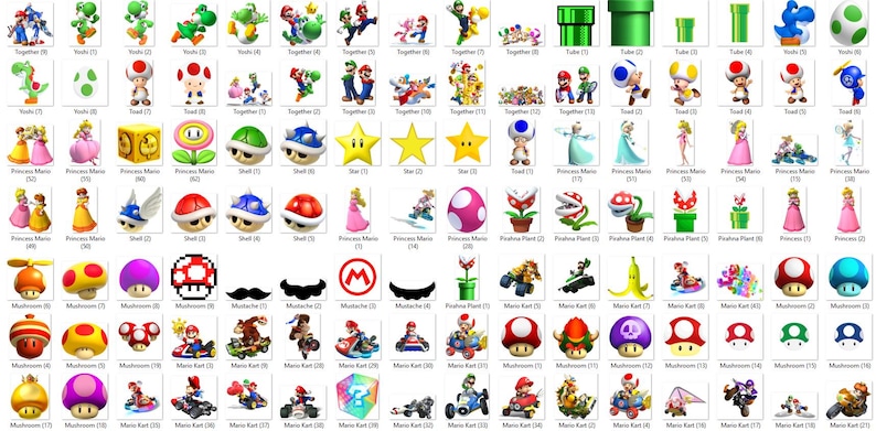 May include: A collection of various Super Mario Bros. character icons. Includes Yoshi, Toad, Princess Peach, Mario, and other characters and items from the video game series. The icons are in a grid layout, with each character or item displayed individually.