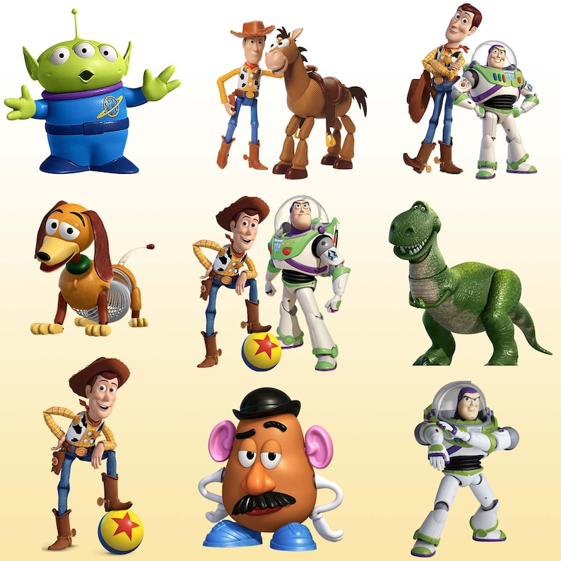 K&ouml;nnte beinhalten: Eine Sammlung von Toy Story-Charakterfiguren, darunter Woody, Buzz Lightyear, Rex, Mr. Potato Head, Slinky Dog und die kleinen gr&uuml;nen M&auml;nnchen. Die Figuren sind farbenfroh und detailliert und zeigen ihre ikonischen Designs.
