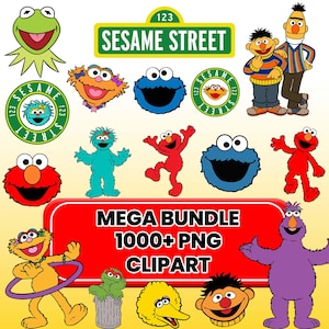 May include: A collection of Sesame Street character clipart, including Elmo, Cookie Monster, Bert, and Ernie. The image features a green Sesame Street sign and the text "MEGA BUNDLE 1000+ PNG CLIPART".