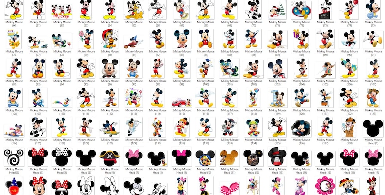 Puede incluir: Una colecci&oacute;n de im&aacute;genes de Mickey Mouse en varias poses y estilos. Las im&aacute;genes incluyen representaciones de cuerpo completo de Mickey Mouse con su atuendo cl&aacute;sico, as&iacute; como siluetas de la cabeza de Mickey Mouse con lazos y sombreros. Las im&aacute;genes est&aacute;n sobre un fondo blanco.