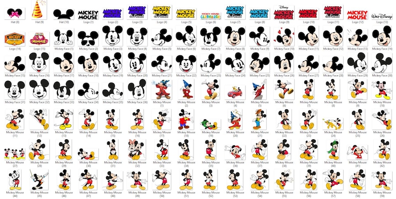 Puede incluir: Una colecci&oacute;n de im&aacute;genes y logotipos de Mickey Mouse. Las im&aacute;genes incluyen la cara de Mickey, poses de cuerpo completo y varios dise&ntilde;os de logotipos. La paleta de colores es principalmente negro, blanco, rojo y amarillo, con algunas im&aacute;genes que presentan colores adicionales.