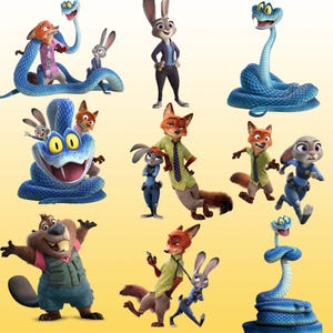Puede incluir: Una colecci&oacute;n de personajes de dibujos animados de la pel&iacute;cula animada Zootr&oacute;polis. La imagen presenta un zorro, un conejo, una serpiente y un castor en varias poses. Los personajes est&aacute;n sobre un fondo amarillo.