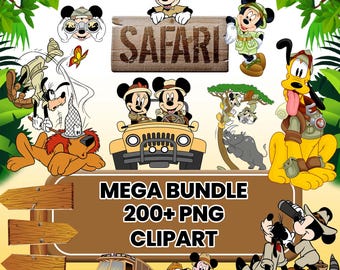 May include: A collection of cartoon safari-themed characters, including Mickey and Minnie Mouse, Goofy, and Pluto. The image features a jeep, a sign that says "SAFARI", and the text "MEGA BUNDLE 200+ PNG CLIPART".
