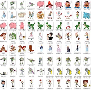 K&ouml;nnte beinhalten: Eine Sammlung von Cartoon-Charakterbildern aus dem Toy Story-Franchise. Die Bilder zeigen Buzz Lightyear, Woody und andere Charaktere. Die Bilder sind in einem Rasterformat angeordnet, wobei jeder Charakter in einem separaten Feld dargestellt wird.