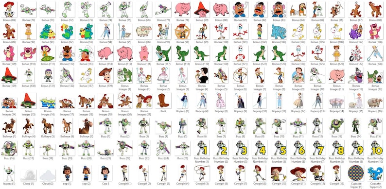 K&ouml;nnte beinhalten: Eine Sammlung von Cartoon-Charakterbildern aus dem Toy Story-Franchise. Die Bilder zeigen Buzz Lightyear, Woody und andere Charaktere. Die Bilder sind in einem Rasterformat angeordnet, wobei jeder Charakter in einem separaten Feld dargestellt wird.