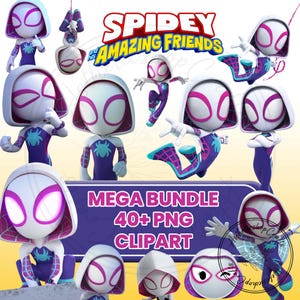 May include: A collection of cartoon illustrations of the character Spider-Gwen from "Spidey and His Amazing Friends." The character is depicted in various poses, wearing a white and purple suit with a spider emblem. The image includes the text "MEGA BUNDLE 40+ PNG CLIPART."