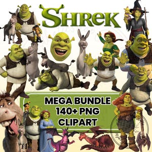 May include: A collection of Shrek-themed PNG clipart images featuring Shrek, Donkey, Fiona, and other characters. The images are in various poses and expressions, with the text "MEGA BUNDLE 140+ PNG CLIPART" in a green banner.