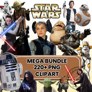 Puede incluir: Un collage digital con personajes de Star Wars, como Darth Vader, Yoda y Rey, junto con el logotipo de Star Wars. La imagen también muestra el texto "MEGA BUNDLE 220+ PNG CLIPART".