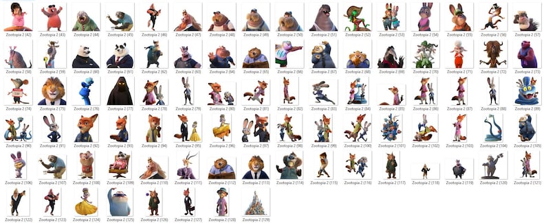Puede incluir: Una colecci&oacute;n de im&aacute;genes de personajes de dibujos animados de la pel&iacute;cula animada Zootr&oacute;polis. Las im&aacute;genes presentan una variedad de animales antropom&oacute;rficos en varias poses y atuendos, para los fan&aacute;ticos de la pel&iacute;cula.