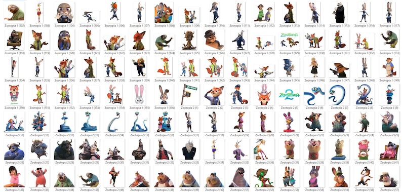 Puede incluir: Una cuadr&iacute;cula de varias im&aacute;genes de personajes de Zootopia. Las im&aacute;genes incluyen a Nick Wilde, Judy Hopps, Flash y otros personajes de la pel&iacute;cula animada. Las im&aacute;genes est&aacute;n en varias poses y estilos.