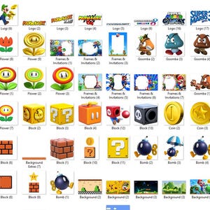 May include: A collection of various Super Mario Bros. themed graphics. Includes images of Luigi, flowers, coins, blocks, Goombas, Bowser, and other characters and elements from the popular video game series. Perfect for crafting or party decorations.
