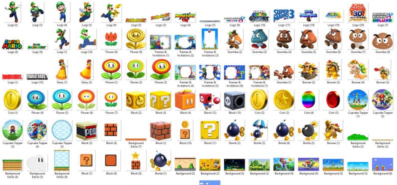May include: A collection of various Super Mario Bros. themed graphics. Includes images of Luigi, flowers, coins, blocks, Goombas, Bowser, and other characters and elements from the popular video game series. Perfect for crafting or party decorations.