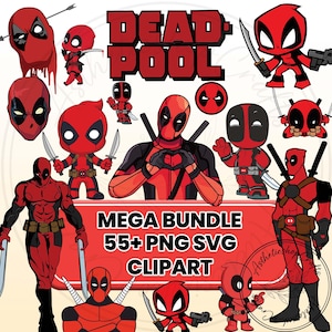 Puede incluir: Una colección de ilustraciones del personaje Deadpool en rojo y negro. La imagen incluye varias poses del personaje, con espadas y pistolas. El texto dice "DEADPOOL" y "MEGA BUNDLE 55+ PNG SVG CLIPART".