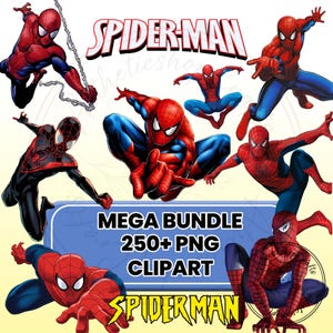 Pode incluir: Ilustrações do Homem-Aranha em várias poses de ação. As imagens apresentam o icónico fato vermelho e azul, com algumas variações. O texto inclui "SPIDER-MAN", "MEGA BUNDLE" e "250+ PNG CLIPART".