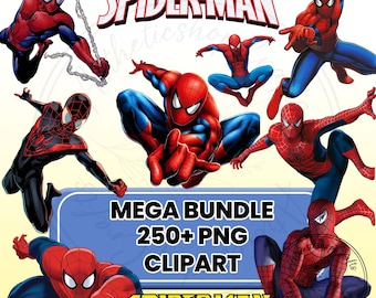 May include: A collection of Spider-Man illustrations in various action poses. The images feature the iconic red and blue suit, with some variations. Text includes "SPIDER-MAN", "MEGA BUNDLE", and "250+ PNG CLIPART".