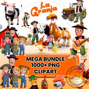 Peut inclure: Illustration numérique sur le thème de la ferme avec des personnages de dessins animés, des animaux et un tracteur. L'image comprend une vache, un cheval, un cochon, un coq et des personnages de fermiers. Le texte indique "La Granja" et "MEGA BUNDLE 1000+ PNG CLIPART".