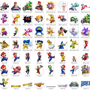 May include: A grid of various Mario characters and game logos. The images include Mario, Luigi, Yoshi, and other characters from the Mario universe. The images are colorful and feature characters in various poses and settings, including Mario Kart.